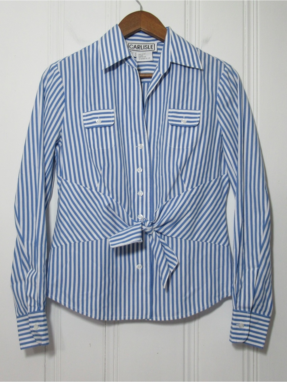 Carlisle Blue and White Striped Tie-Waist Button-Down Shirt Size 4